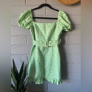 Zara Green Floral Belted Mini Dress With Puff Sleeves—Size XS